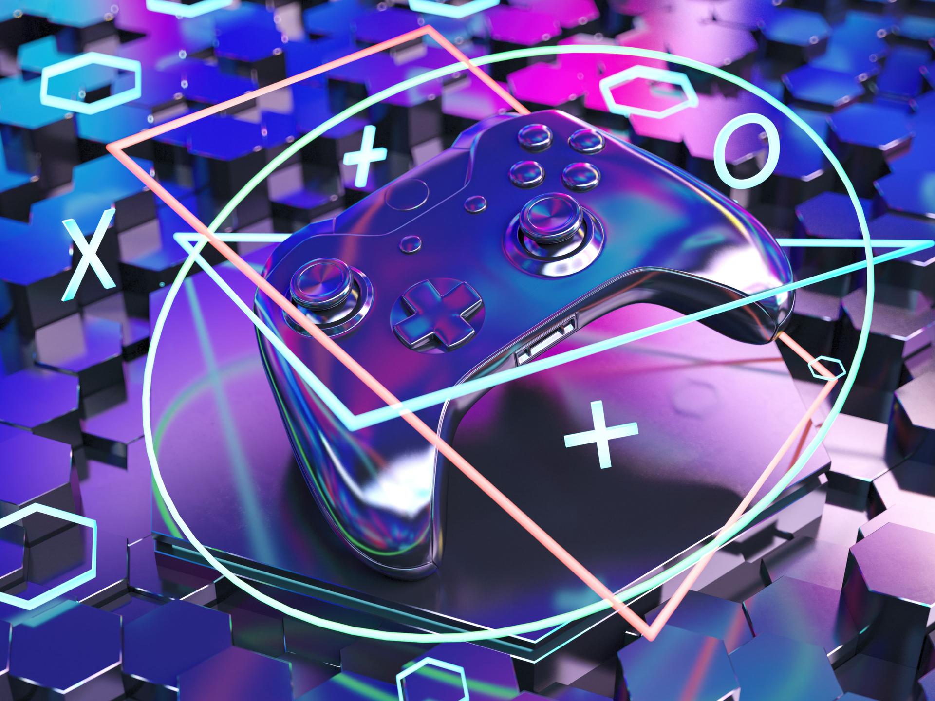 Black Console Gamepad with Glowing Shapes on Futuristic Background